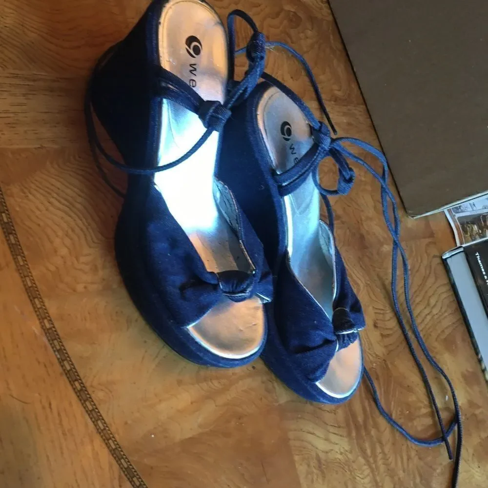 OO 9 West Denim Ankle Tie Wedges!
